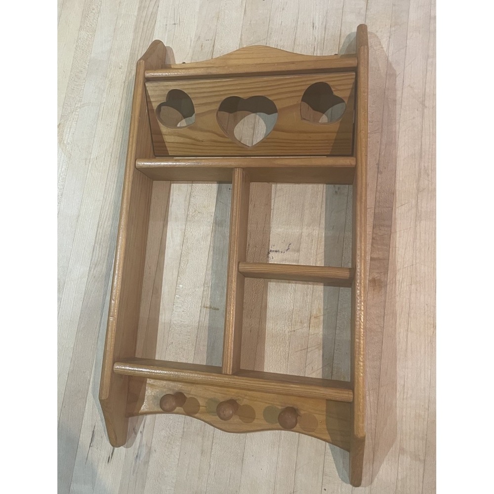 Vtg Wood Wall Curio Heart Cut Out Shadow Box Cottagecore Shelf 3 Pegs